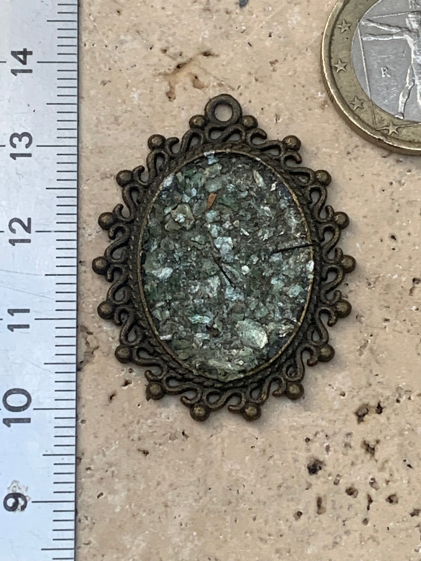 Fuchsite (green micas), medal mounted by G &amp; Z, 36 mm high x30 x3. Sold with an adjustable black cord!