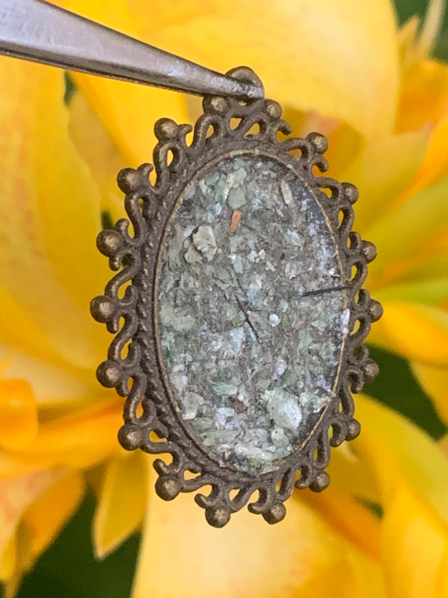 Fuchsite (green micas), medal mounted by G &amp; Z, 36 mm high x30 x3. Sold with an adjustable black cord!