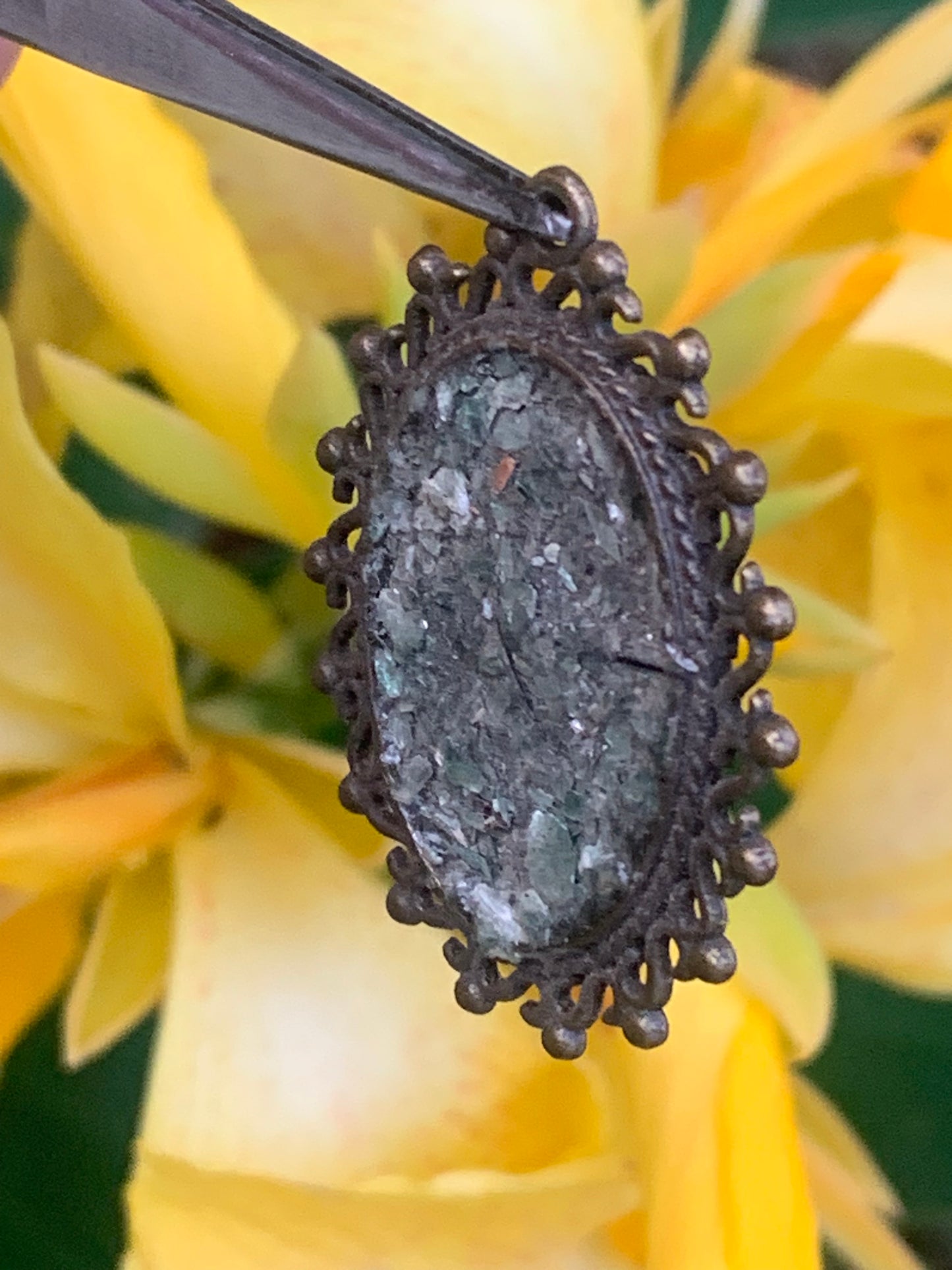Fuchsite (green micas), medal mounted by G &amp; Z, 36 mm high x30 x3. Sold with an adjustable black cord!