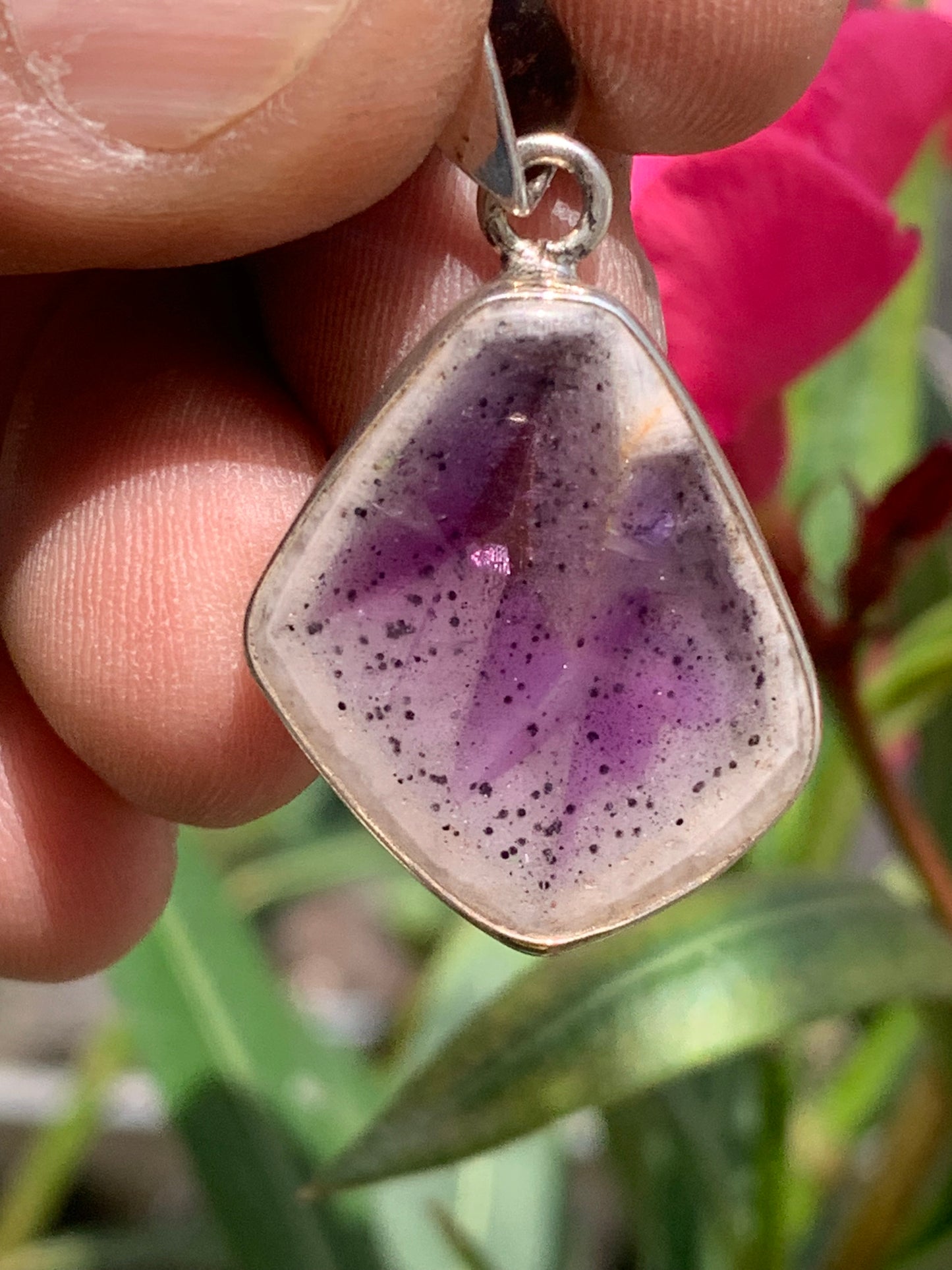 Amethyst 'super 7/ super seven', Silver pendant 37mm high x 22mm wide x 6mm thick. Sold with a free adjustable black cord!