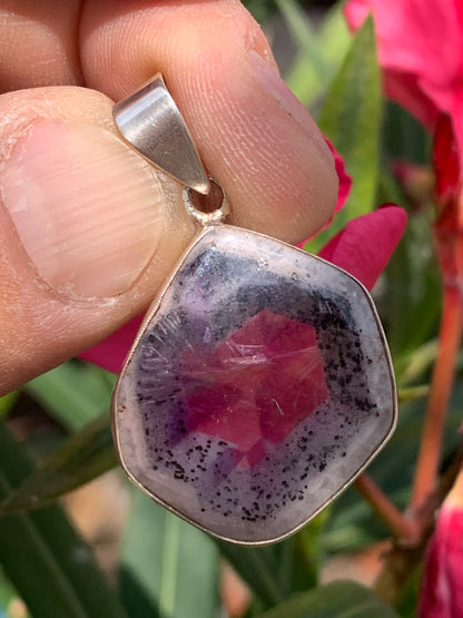 Amethyst 'super 7/ super seven', Silver pendant, 40mm high x 25mm wide x 6mm thick. Sold with a free adjustable black cord!