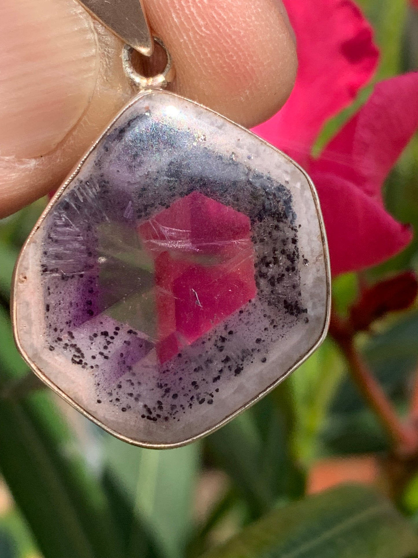 Amethyst 'super 7/ super seven', Silver pendant, 40mm high x 25mm wide x 6mm thick. Sold with a free adjustable black cord!