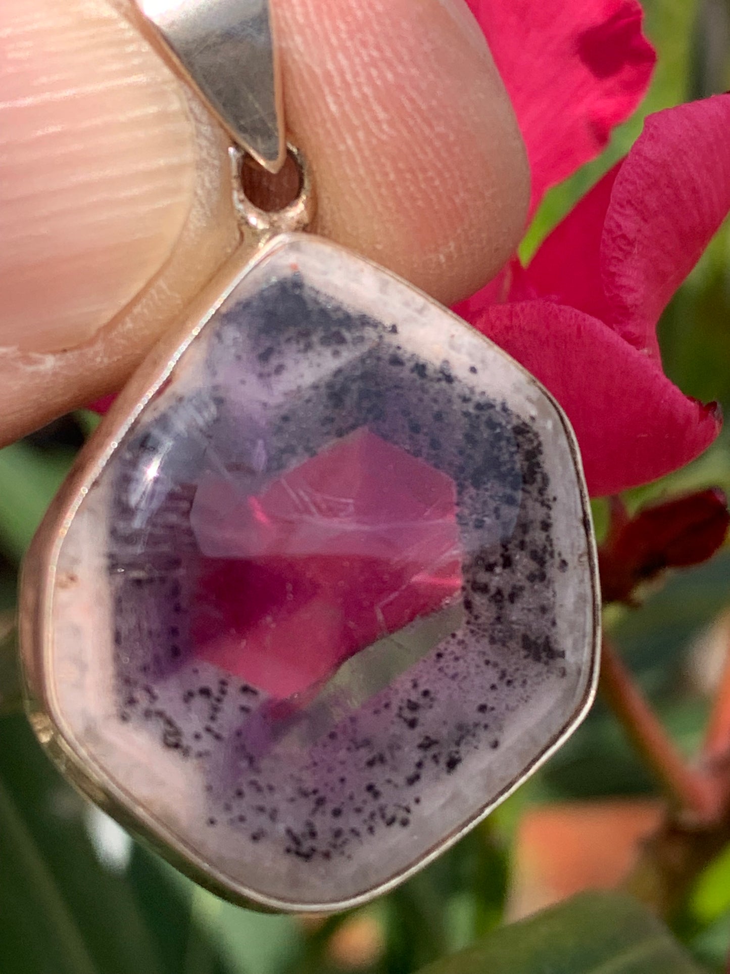 Amethyst 'super 7/ super seven', Silver pendant, 40mm high x 25mm wide x 6mm thick. Sold with a free adjustable black cord!