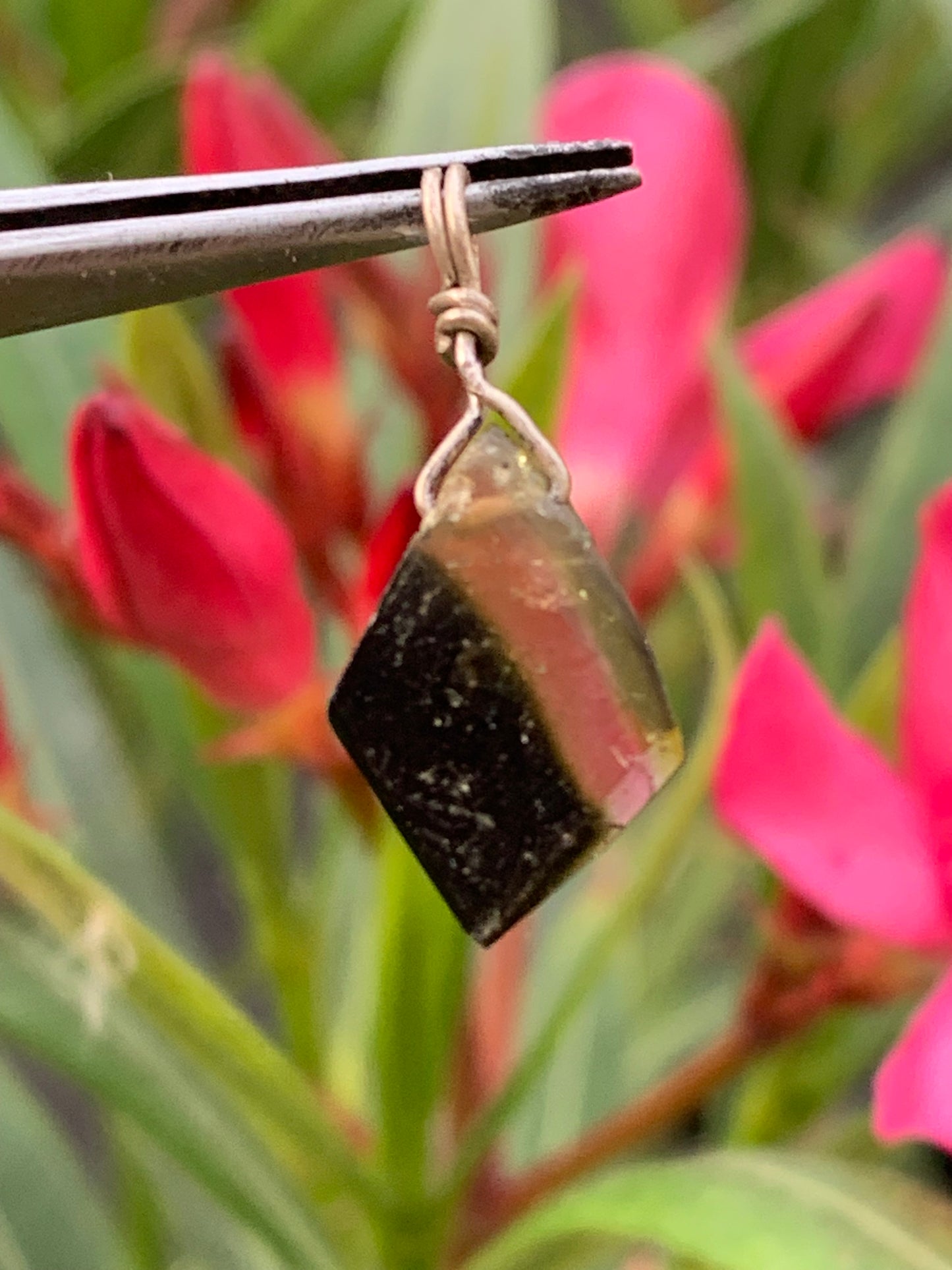 Tourmaline elbaïte melon d'eau/ pastèque ! Pendentif en Argent fait par G&Z, 25 mm de hauteur x 10 de largeur x . Vendu avec cordon réglable de couleur noire !