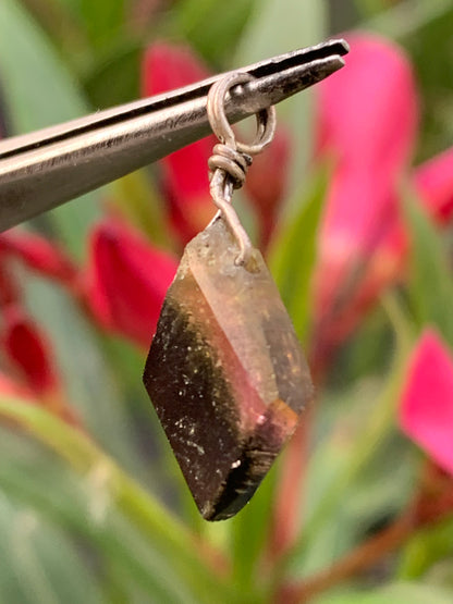 Tourmaline elbaïte melon d'eau/ pastèque ! Pendentif en Argent fait par G&Z, 25 mm de hauteur x 10 de largeur x . Vendu avec cordon réglable de couleur noire !