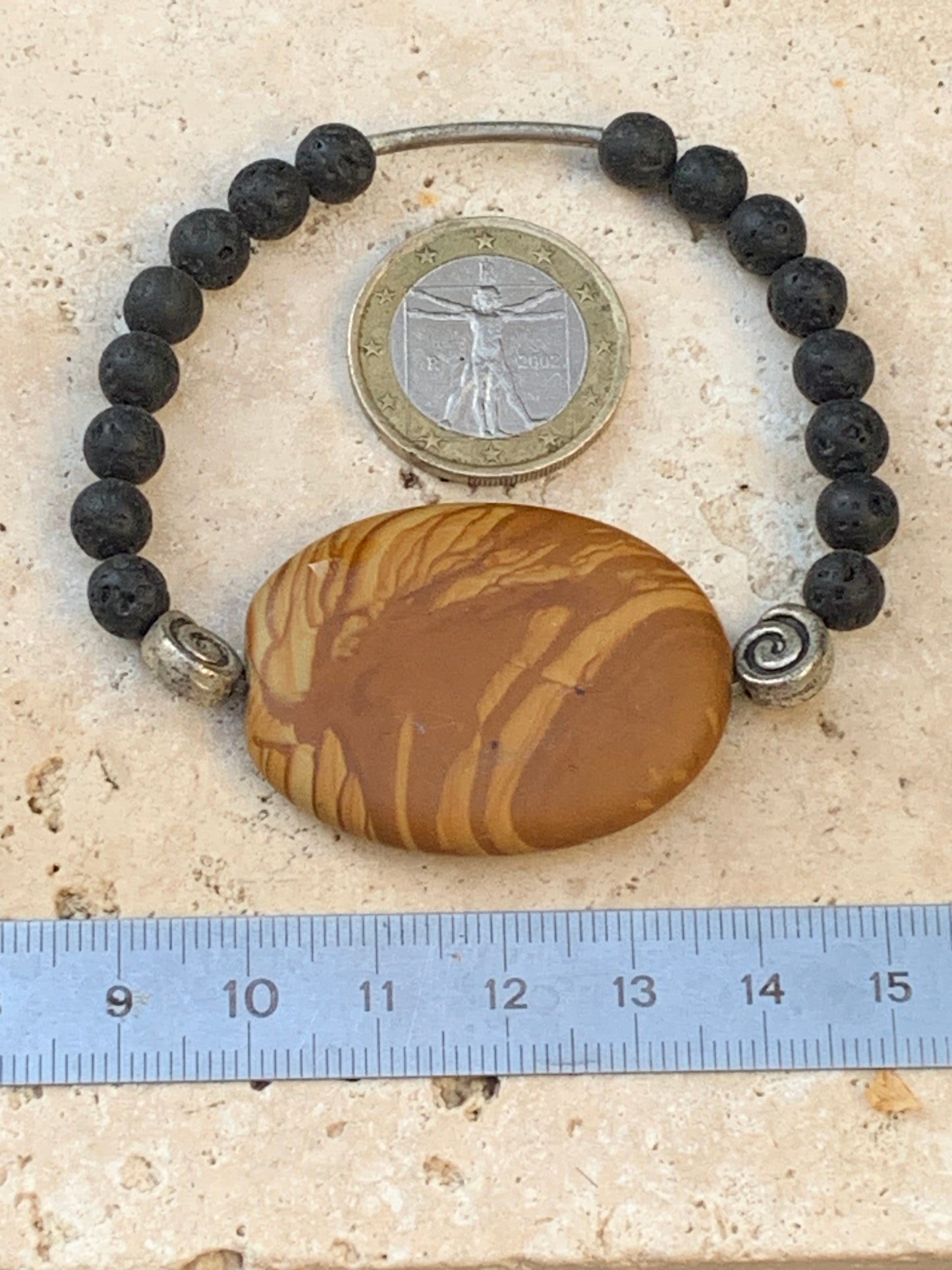 Jaspe paysage et perle de lave, bracelet en élastique haute-résistance de 17 à 19 cm !