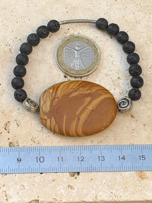 Jaspe paysage et perle de lave, bracelet en élastique haute-résistance de 17 à 19 cm !