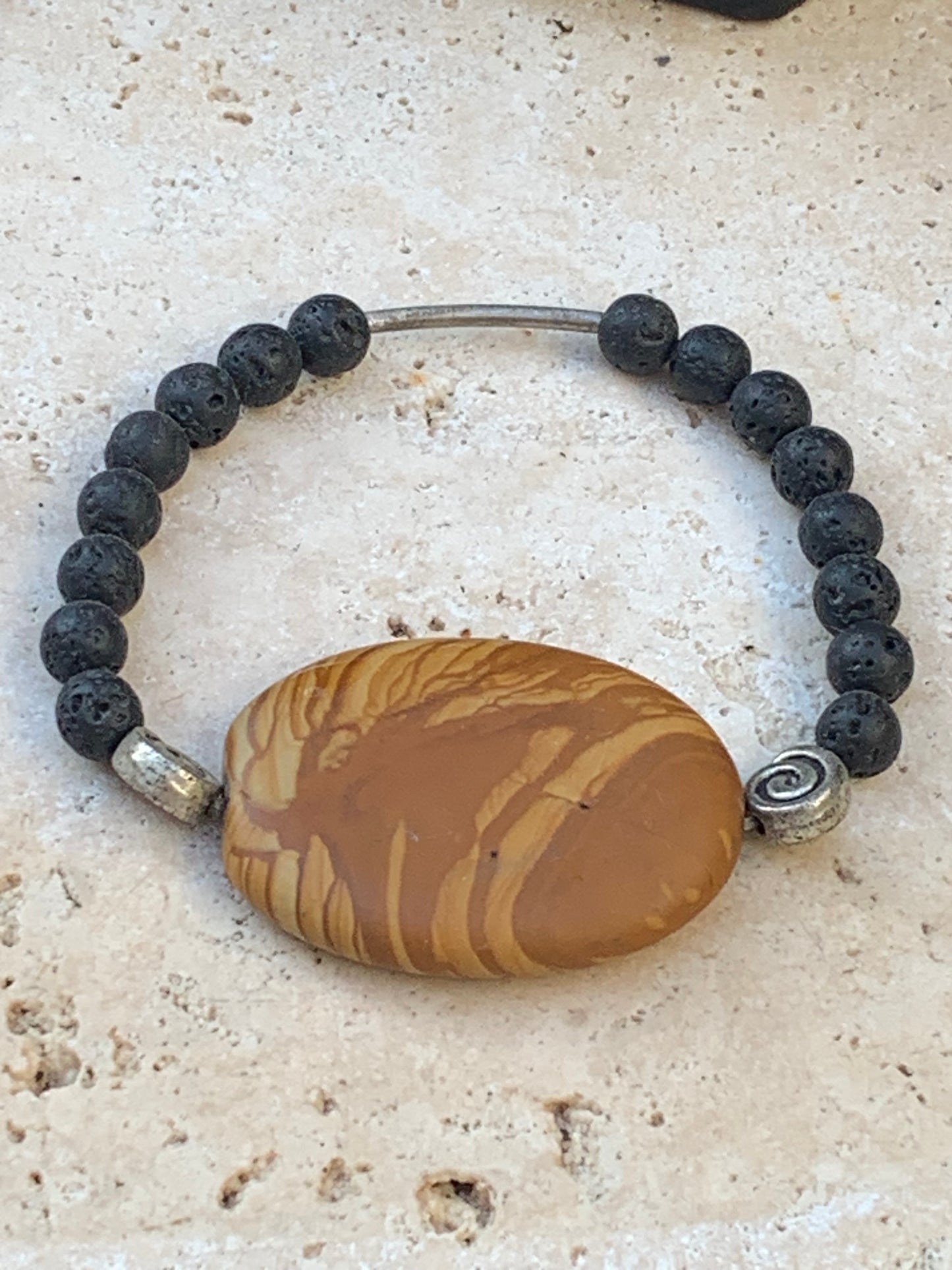 Jaspe paysage et perle de lave, bracelet en élastique haute-résistance de 17 à 19 cm !