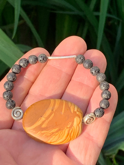 Jaspe paysage et perle de lave, bracelet en élastique haute-résistance de 17 à 19 cm !