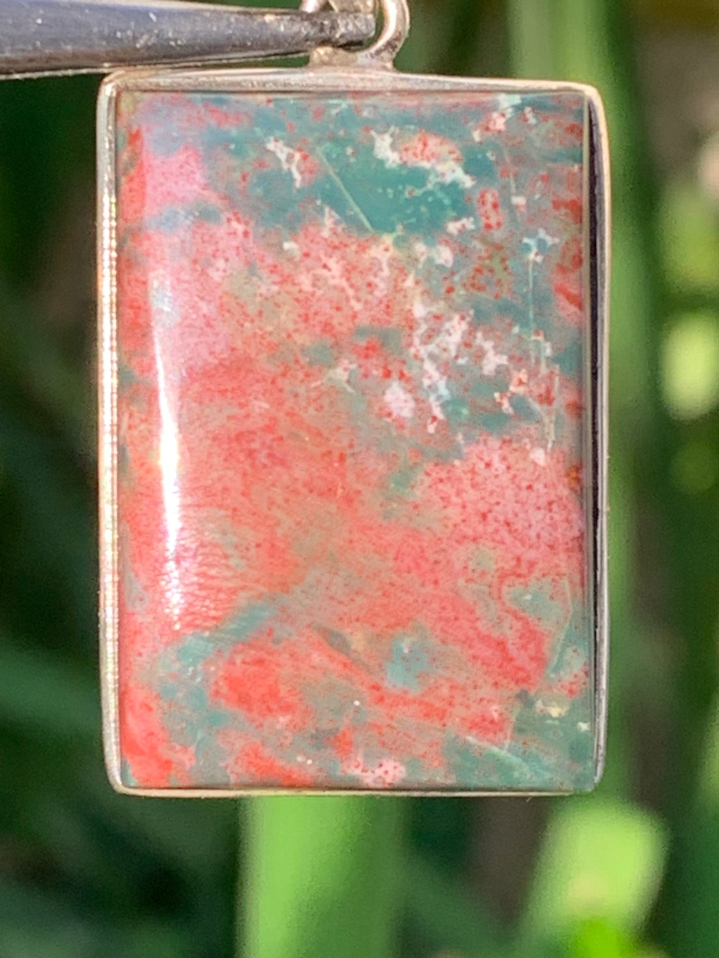 Jaspe héliotrope, pendentif en Argent de 41mm de hauteur x21 de largeur x 10 d'épaisseur. Vendu avec cordon réglable !