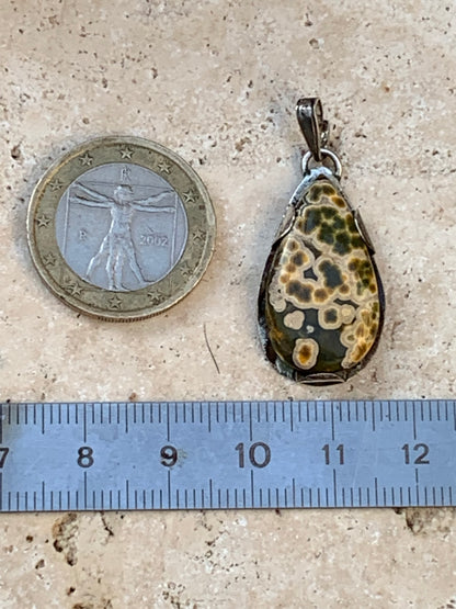 Jaspe orbiculaire, pendentif en Argent de 35mm de hauteur x15 de largeur x 5 d'épaisseur. Vendu avec cordon réglable !