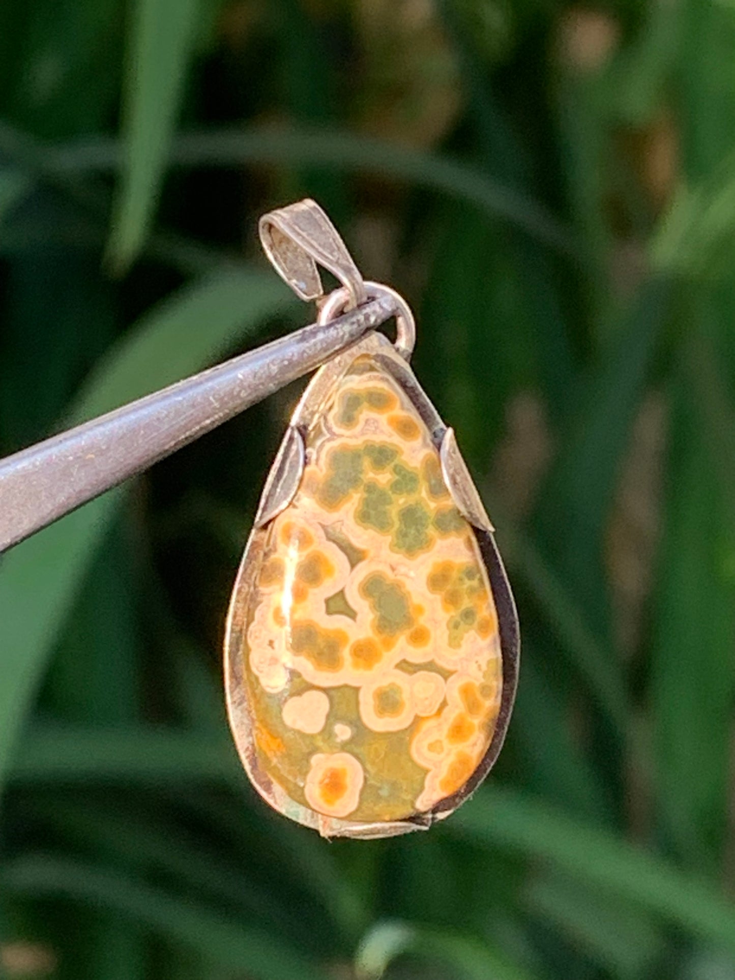 Jaspe orbiculaire, pendentif en Argent de 35mm de hauteur x15 de largeur x 5 d'épaisseur. Vendu avec cordon réglable !