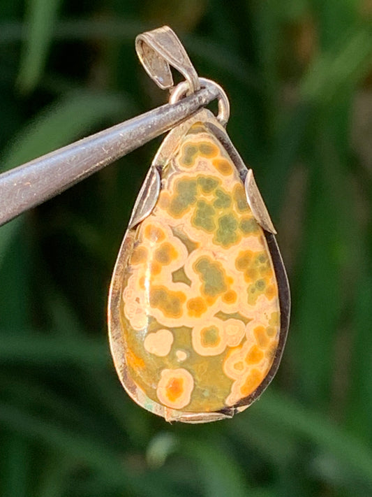 Jaspe orbiculaire, pendentif en Argent de 35mm de hauteur x15 de largeur x 5 d'épaisseur. Vendu avec cordon réglable !