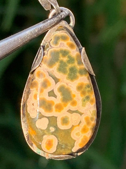 Jaspe orbiculaire, pendentif en Argent de 35mm de hauteur x15 de largeur x 5 d'épaisseur. Vendu avec cordon réglable !