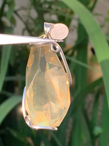 Lemon rock crystal/ Lemon quartz, silver-plated brass pendant, 50mm high x 22 x 18. Sold with adjustable cord!