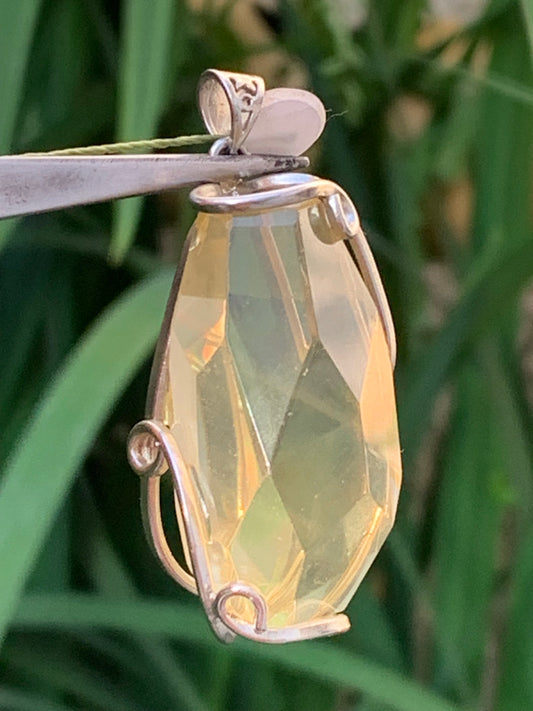 Lemon rock crystal/ Lemon quartz, silver-plated brass pendant, 50mm high x 22 x 18. Sold with adjustable cord!