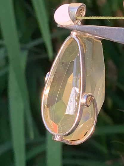 Lemon rock crystal/ Lemon quartz, silver-plated brass pendant, 50mm high x 22 x 18. Sold with adjustable cord!