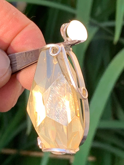 Lemon rock crystal/ Lemon quartz, silver-plated brass pendant, 50mm high x 22 x 18. Sold with adjustable cord!