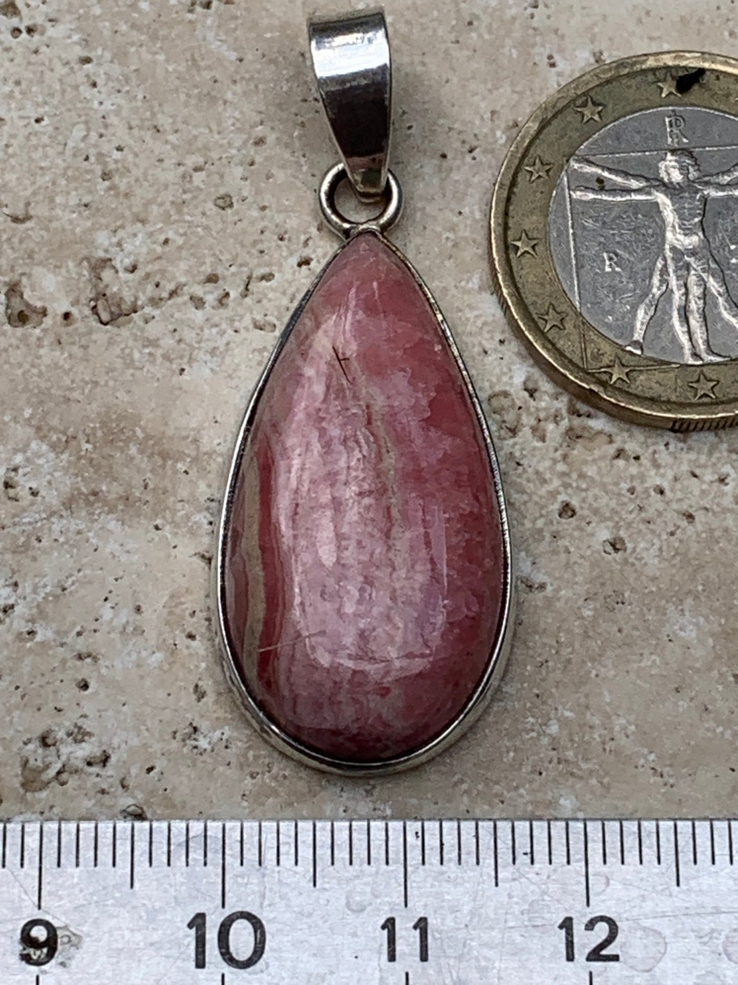 Rhodochrosite! 44mm x17mm x7mm Silver Pendant made by Gem &amp; Zen. Sold with an adjustable black cord!