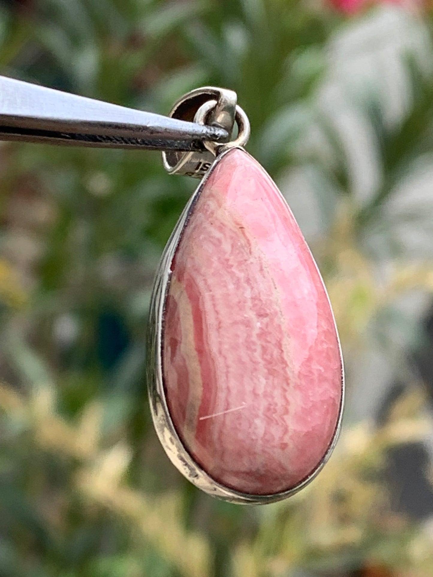 Rhodochrosite! 44mm x17mm x7mm Silver Pendant made by Gem &amp; Zen. Sold with an adjustable black cord!