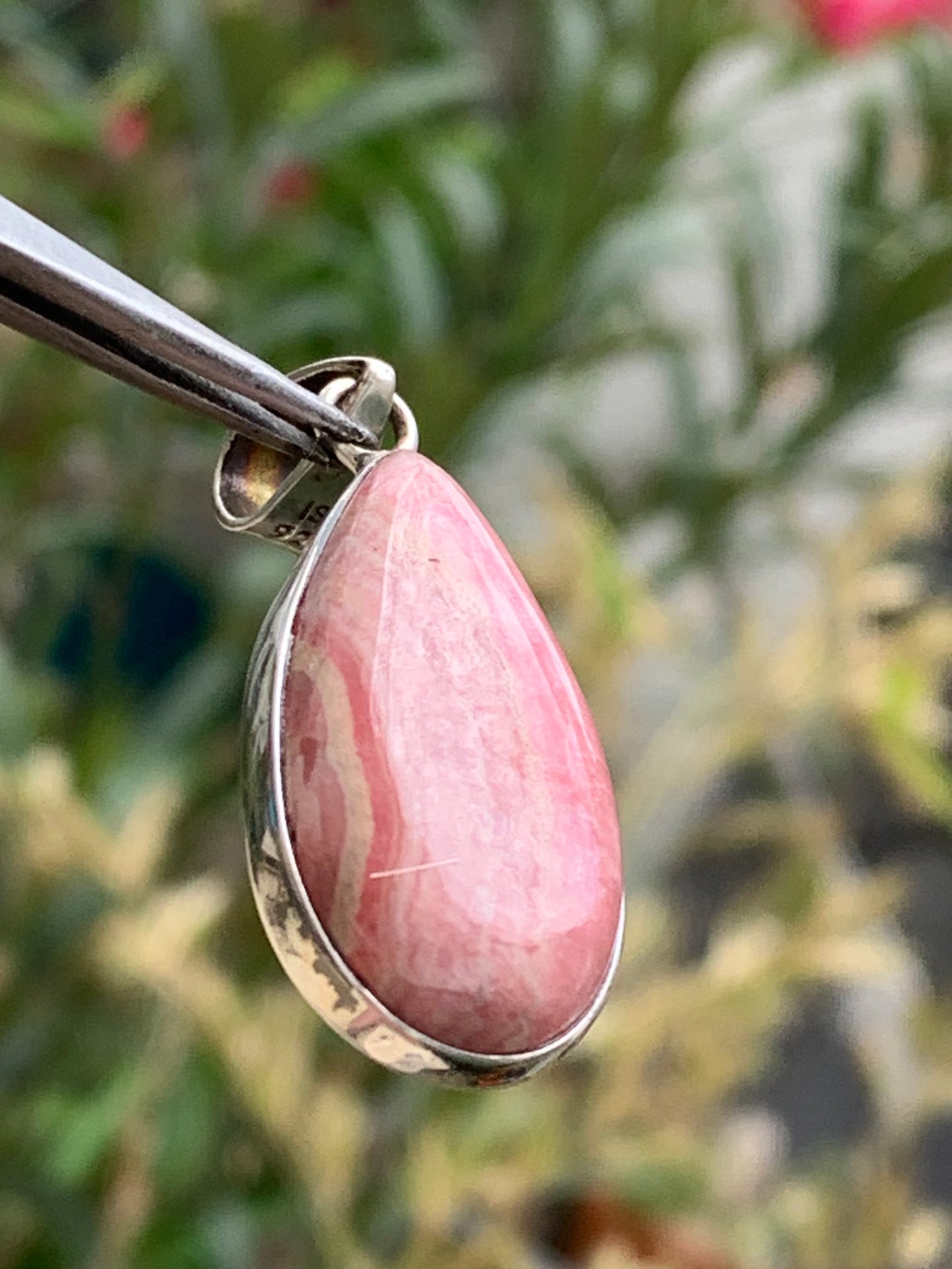 Rhodochrosite! 44mm x17mm x7mm Silver Pendant made by Gem &amp; Zen. Sold with an adjustable black cord!