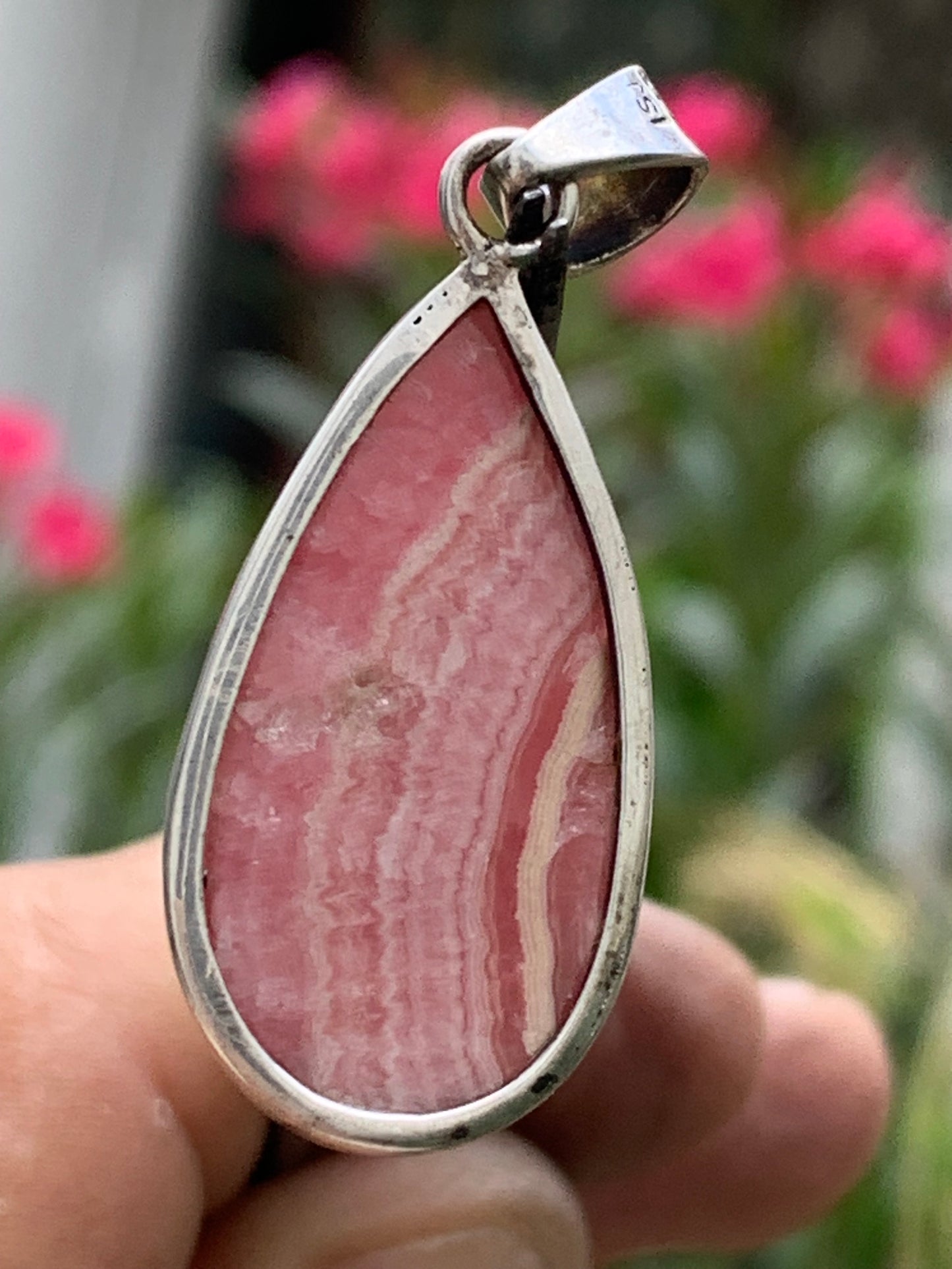 Rhodochrosite! 44mm x17mm x7mm Silver Pendant made by Gem &amp; Zen. Sold with an adjustable black cord!