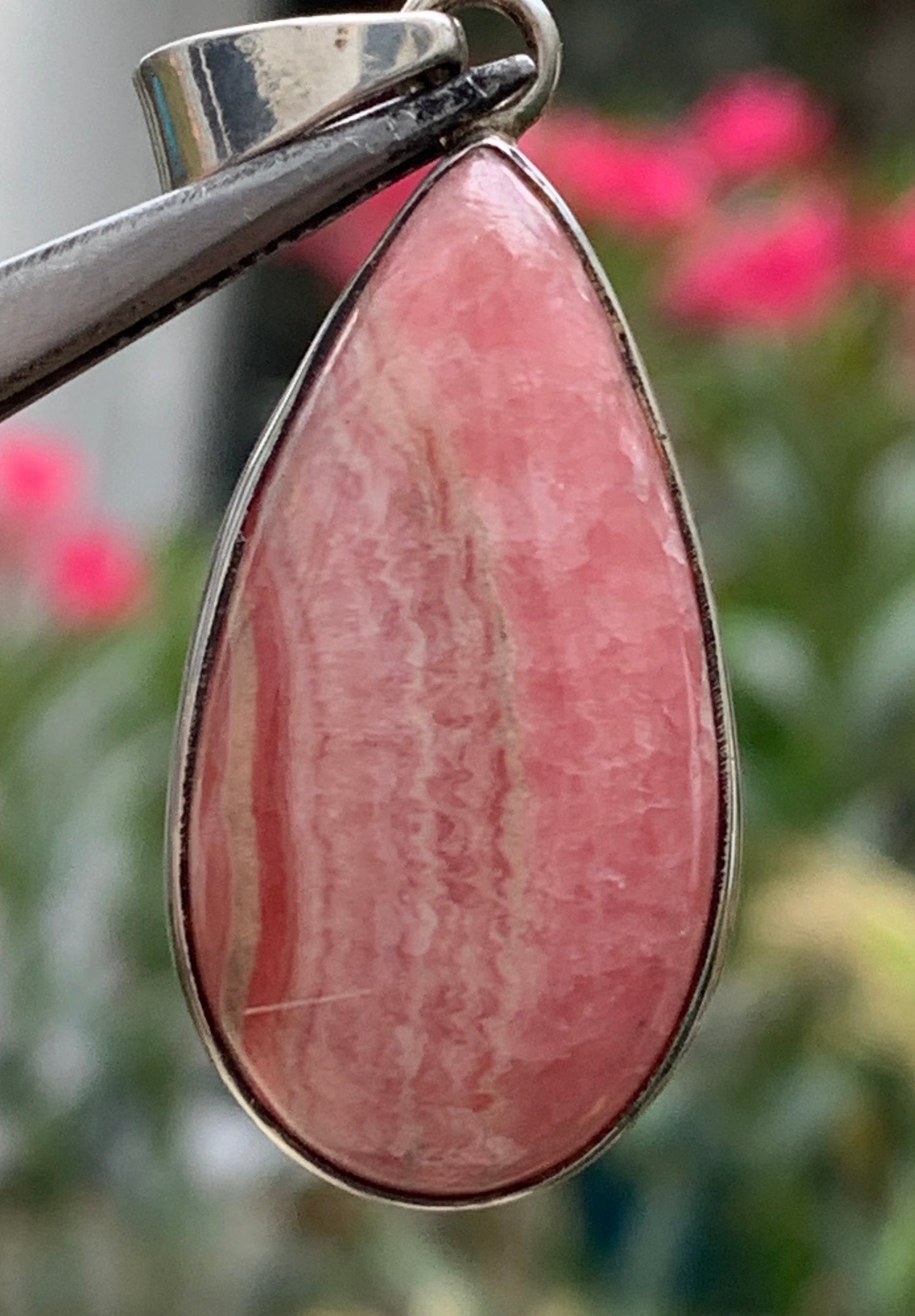 Rhodochrosite! 44mm x17mm x7mm Silver Pendant made by Gem &amp; Zen. Sold with an adjustable black cord!