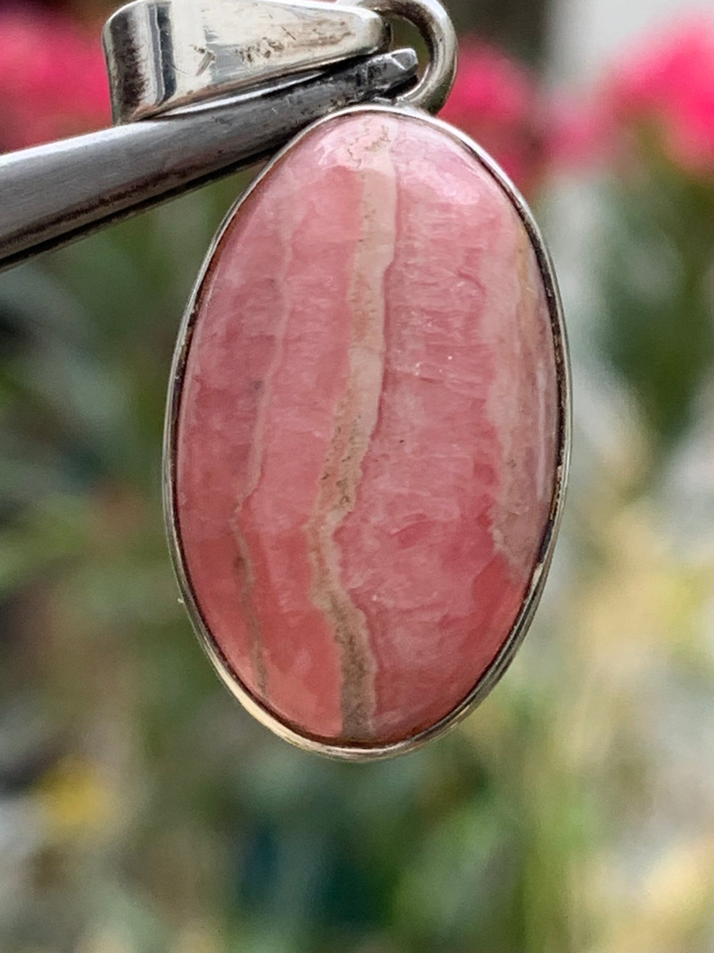 Rhodochrosite! 35mm x15 x7mm Silver Pendant made by Gem &amp; Zen. Sold with an adjustable black cord!