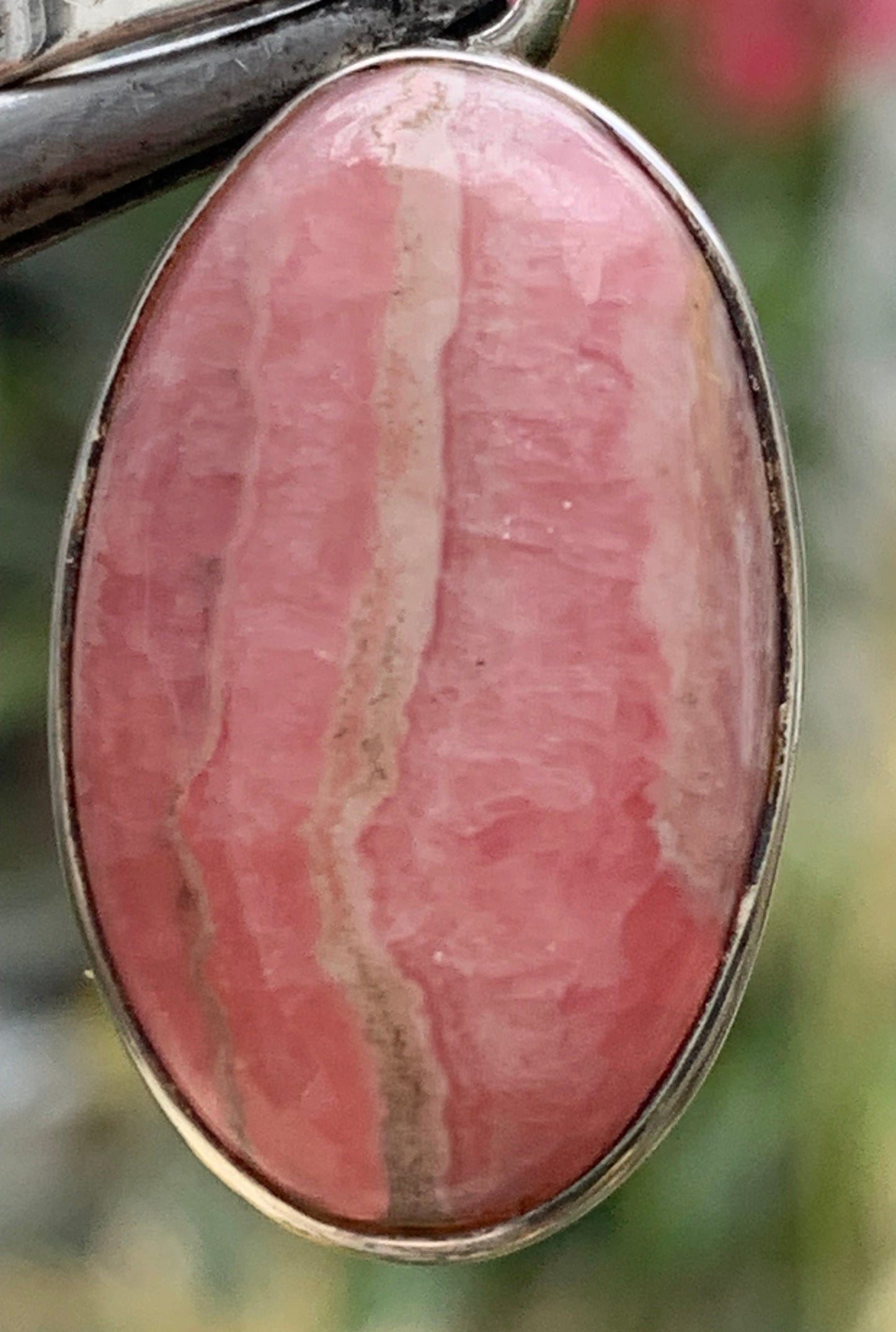 Rhodochrosite! 35mm x15 x7mm Silver Pendant made by Gem &amp; Zen. Sold with an adjustable black cord!