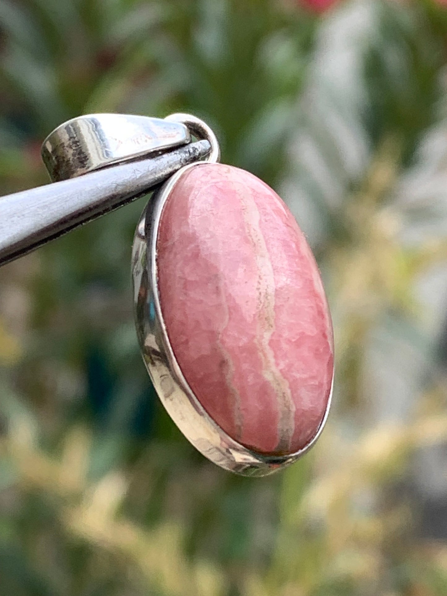 Rhodochrosite! 35mm x15 x7mm Silver Pendant made by Gem &amp; Zen. Sold with an adjustable black cord!