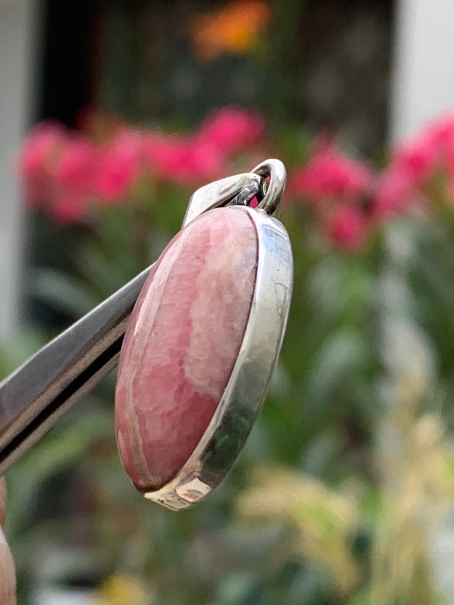 Rhodochrosite! 35mm x15 x7mm Silver Pendant made by Gem &amp; Zen. Sold with an adjustable black cord!