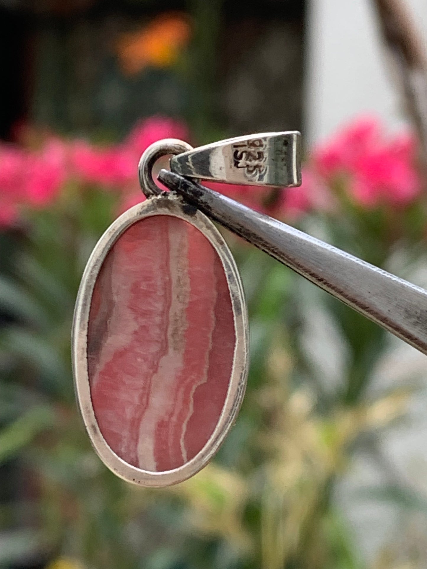 Rhodochrosite! 35mm x15 x7mm Silver Pendant made by Gem &amp; Zen. Sold with an adjustable black cord!