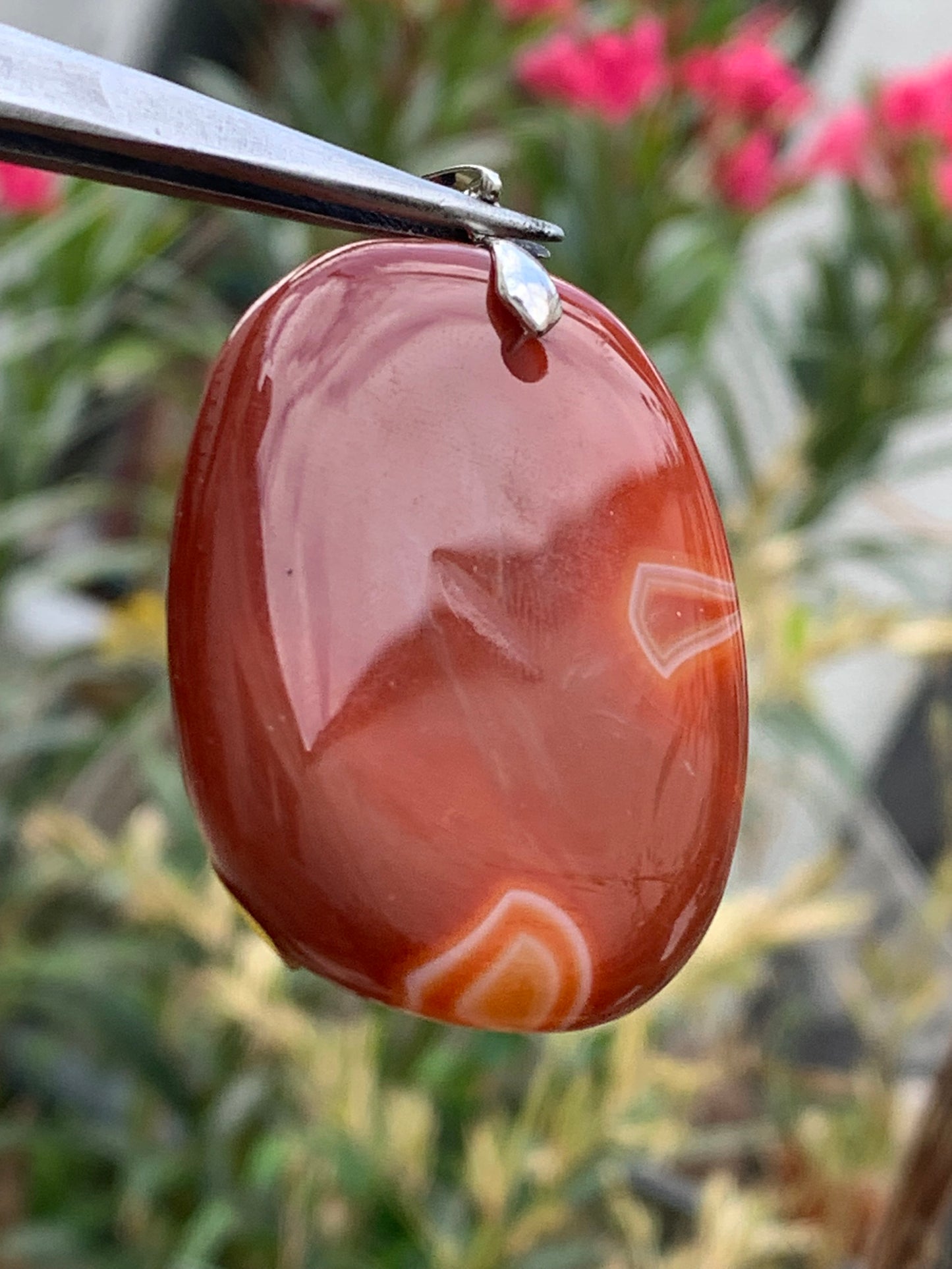Carnelian, pendant measuring 55mm high x 38mm wide x 9mm thick. Sold with an adjustable black cord!