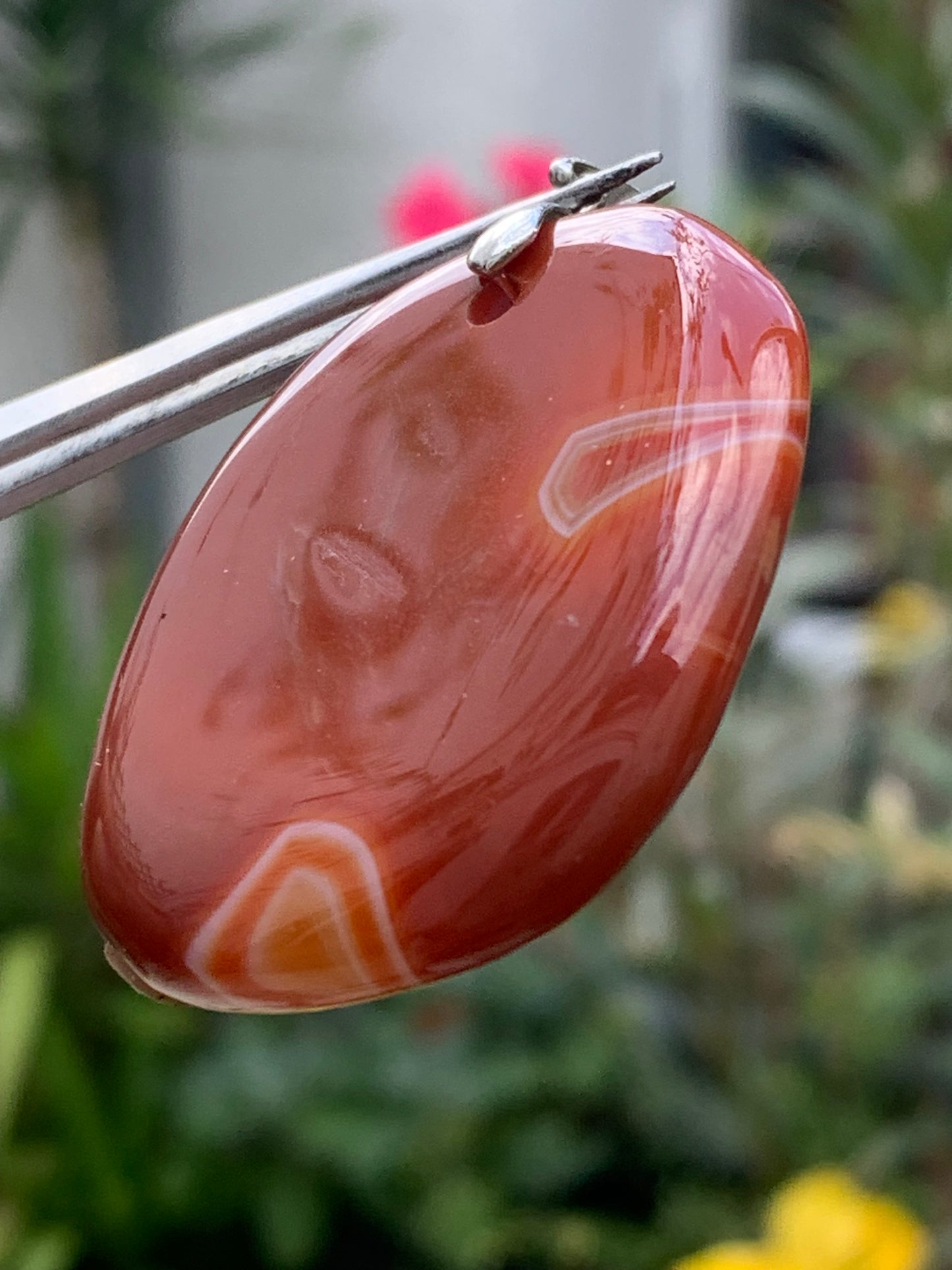 Carnelian, pendant measuring 55mm high x 38mm wide x 9mm thick. Sold with an adjustable black cord!
