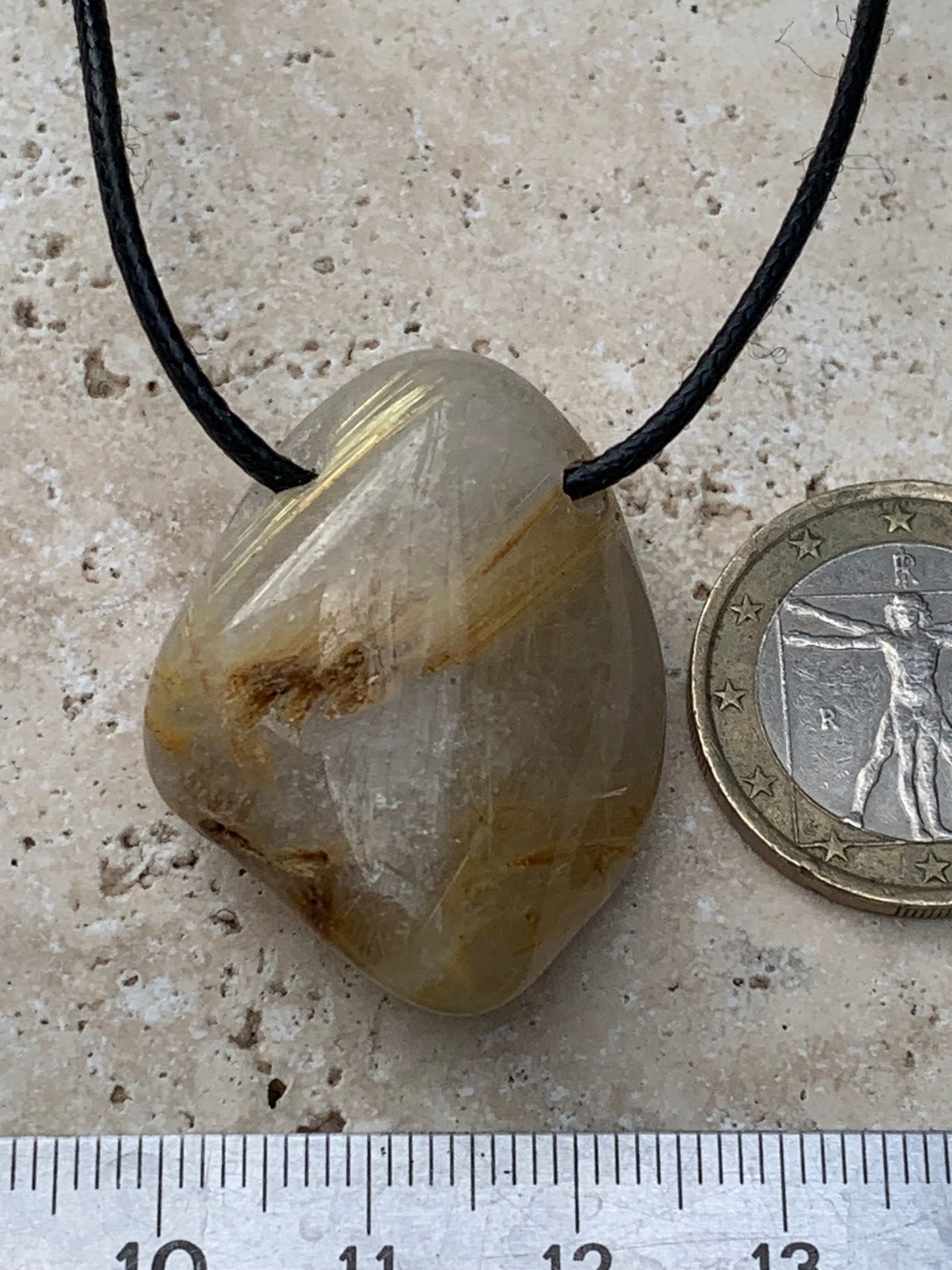 Rock crystal/quartz with golden rutile inclusions - Silver pendant, 34mm high x 26 wide x 15 thick. Sold with adjustable black cord!