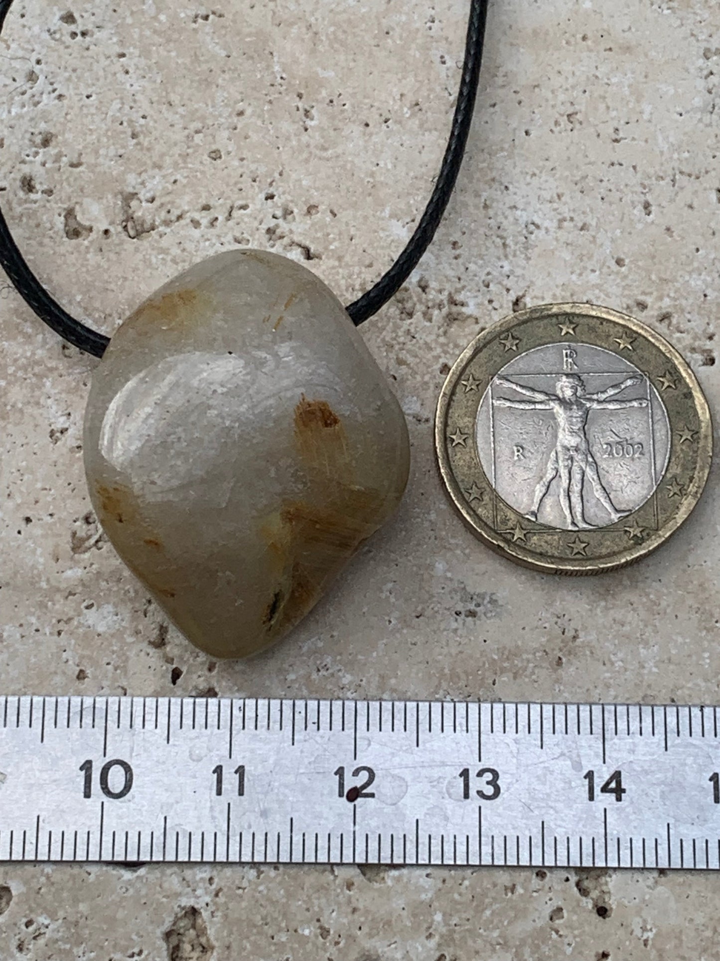 Rock crystal/quartz with golden rutile inclusions - Silver pendant, 34mm high x 26 wide x 15 thick. Sold with adjustable black cord!