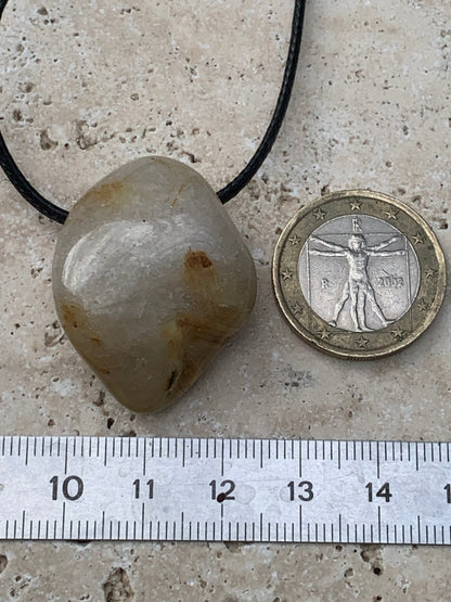 Rock crystal/quartz with golden rutile inclusions - Silver pendant, 34mm high x 26 wide x 15 thick. Sold with adjustable black cord!