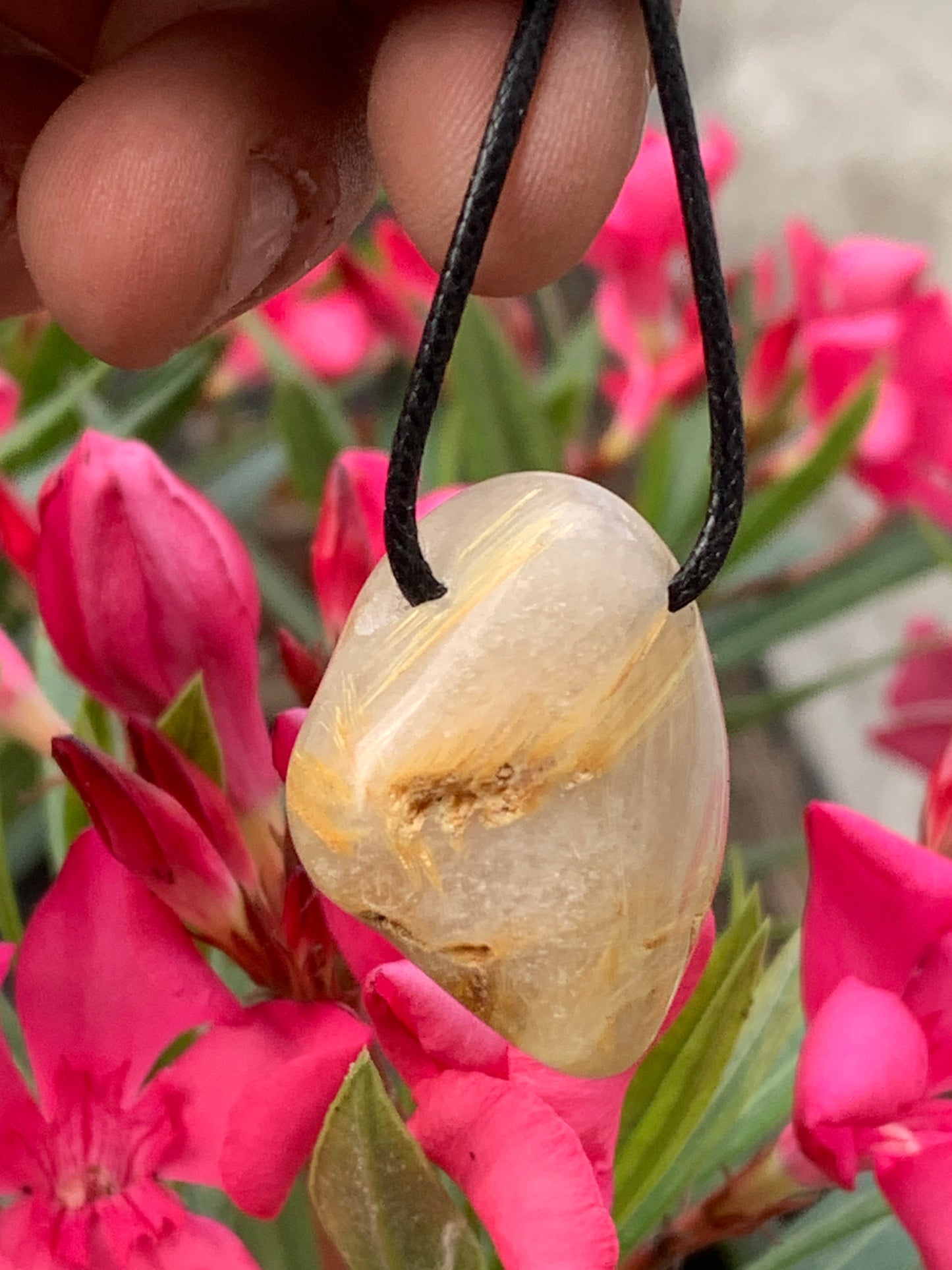 Rock crystal/quartz with golden rutile inclusions - Silver pendant, 34mm high x 26 wide x 15 thick. Sold with adjustable black cord!