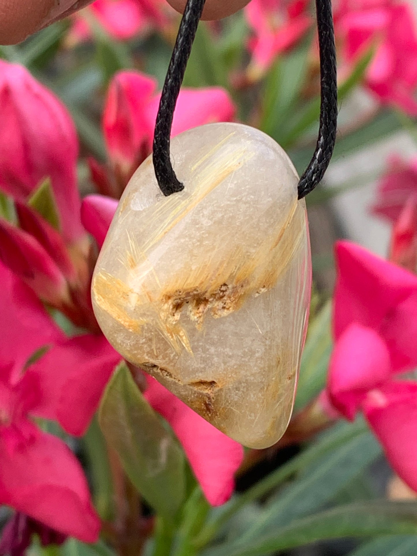 Rock crystal/quartz with golden rutile inclusions - Silver pendant, 34mm high x 26 wide x 15 thick. Sold with adjustable black cord!