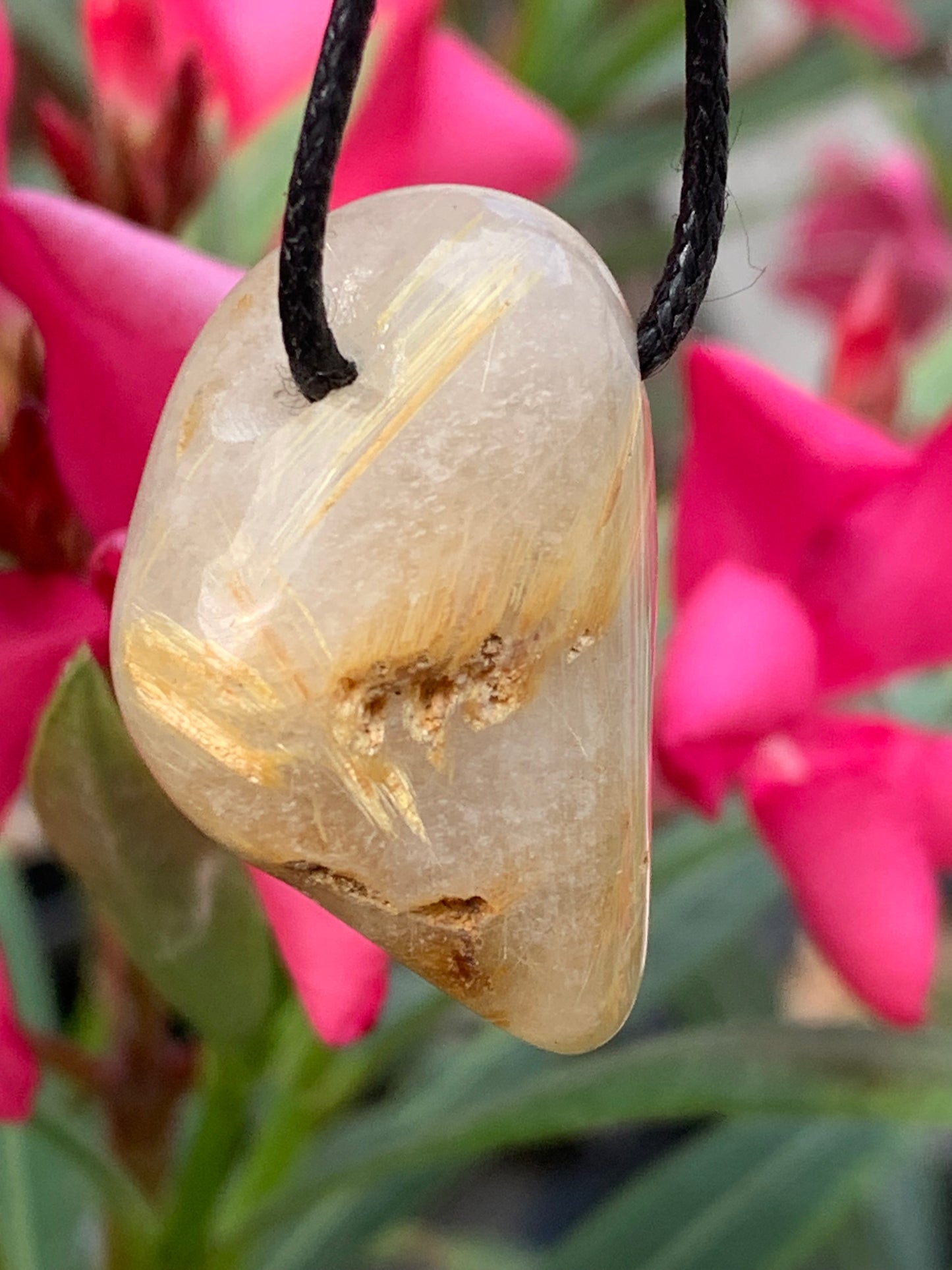 Rock crystal/quartz with golden rutile inclusions - Silver pendant, 34mm high x 26 wide x 15 thick. Sold with adjustable black cord!