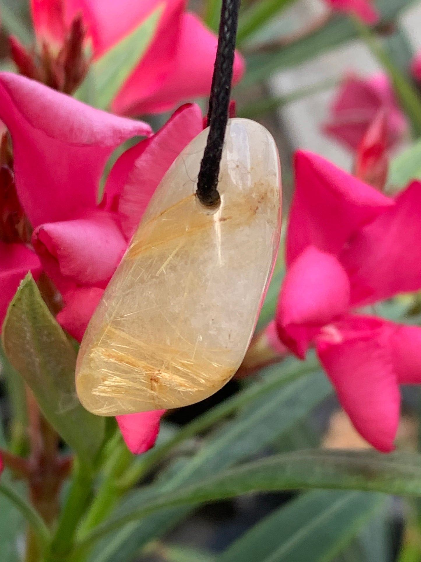 Rock crystal/quartz with golden rutile inclusions - Silver pendant, 34mm high x 26 wide x 15 thick. Sold with adjustable black cord!
