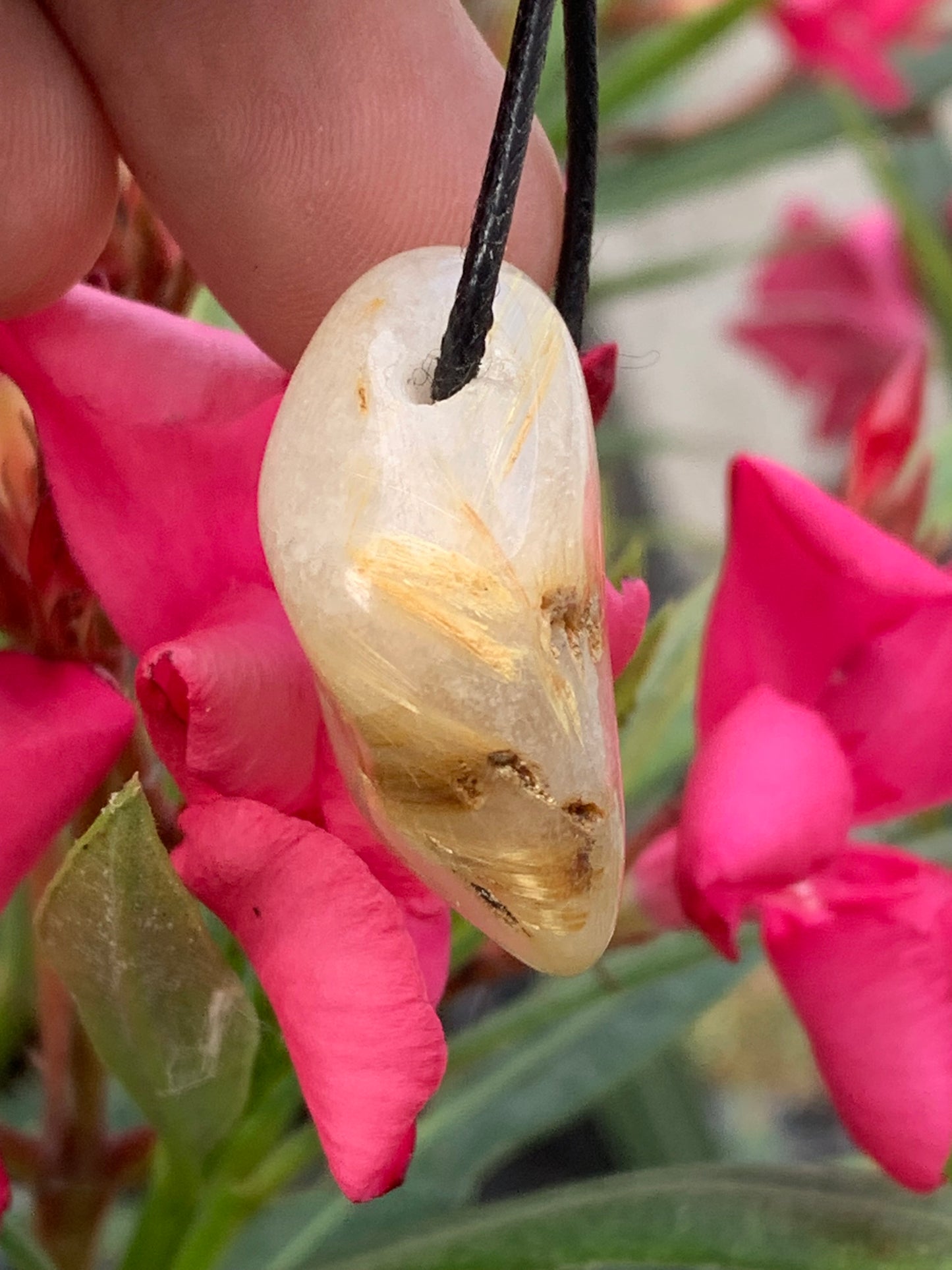 Rock crystal/quartz with golden rutile inclusions - Silver pendant, 34mm high x 26 wide x 15 thick. Sold with adjustable black cord!