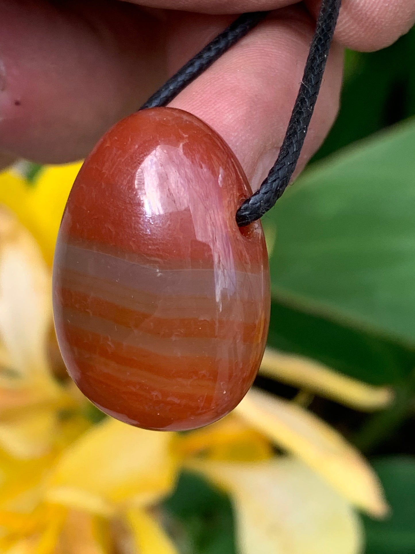 Carnelian, pendant measuring 31mm high x 23mm wide x 12mm thick. Sold with an adjustable black cord!