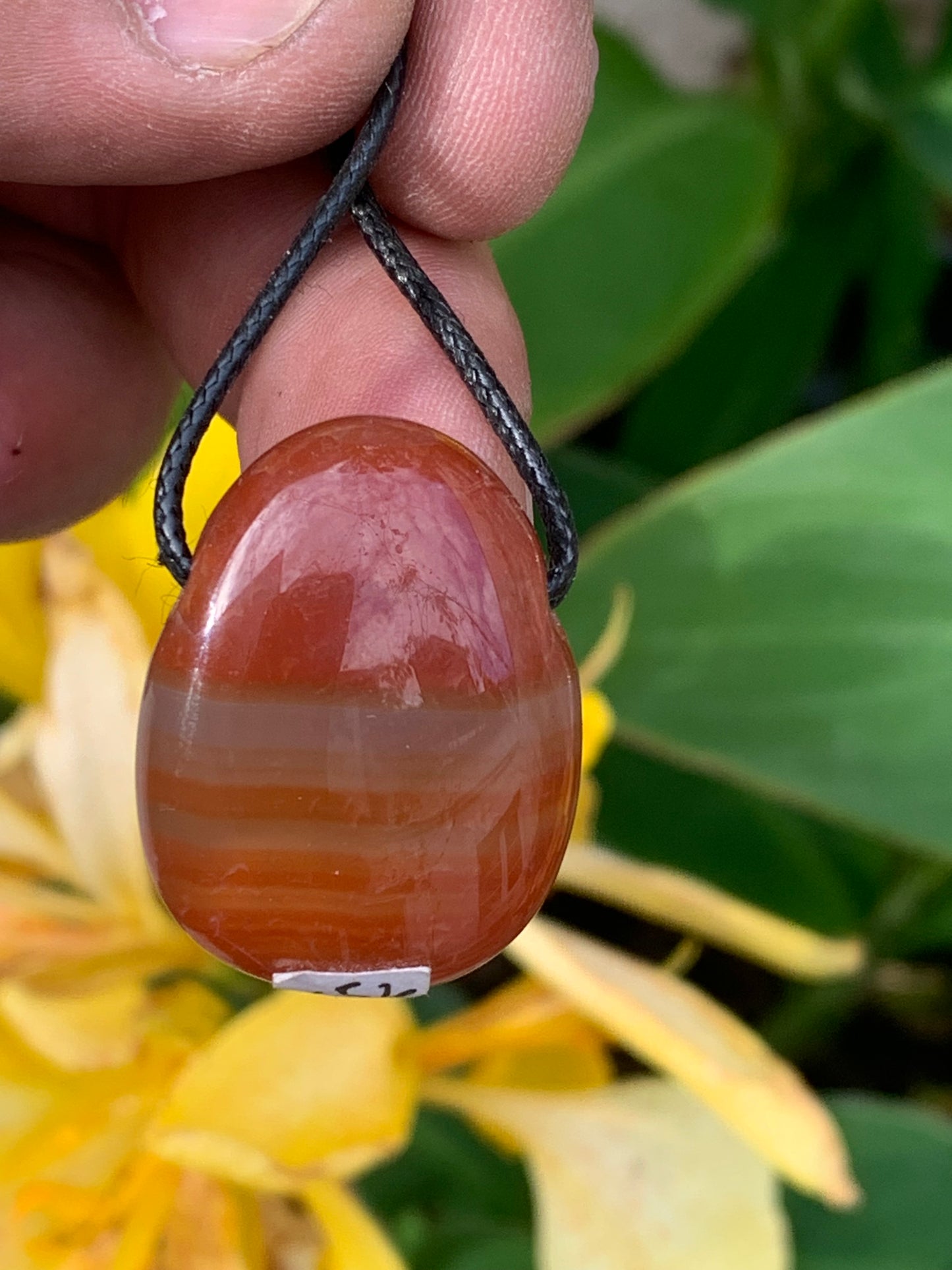 Carnelian, pendant measuring 31mm high x 23mm wide x 12mm thick. Sold with an adjustable black cord!