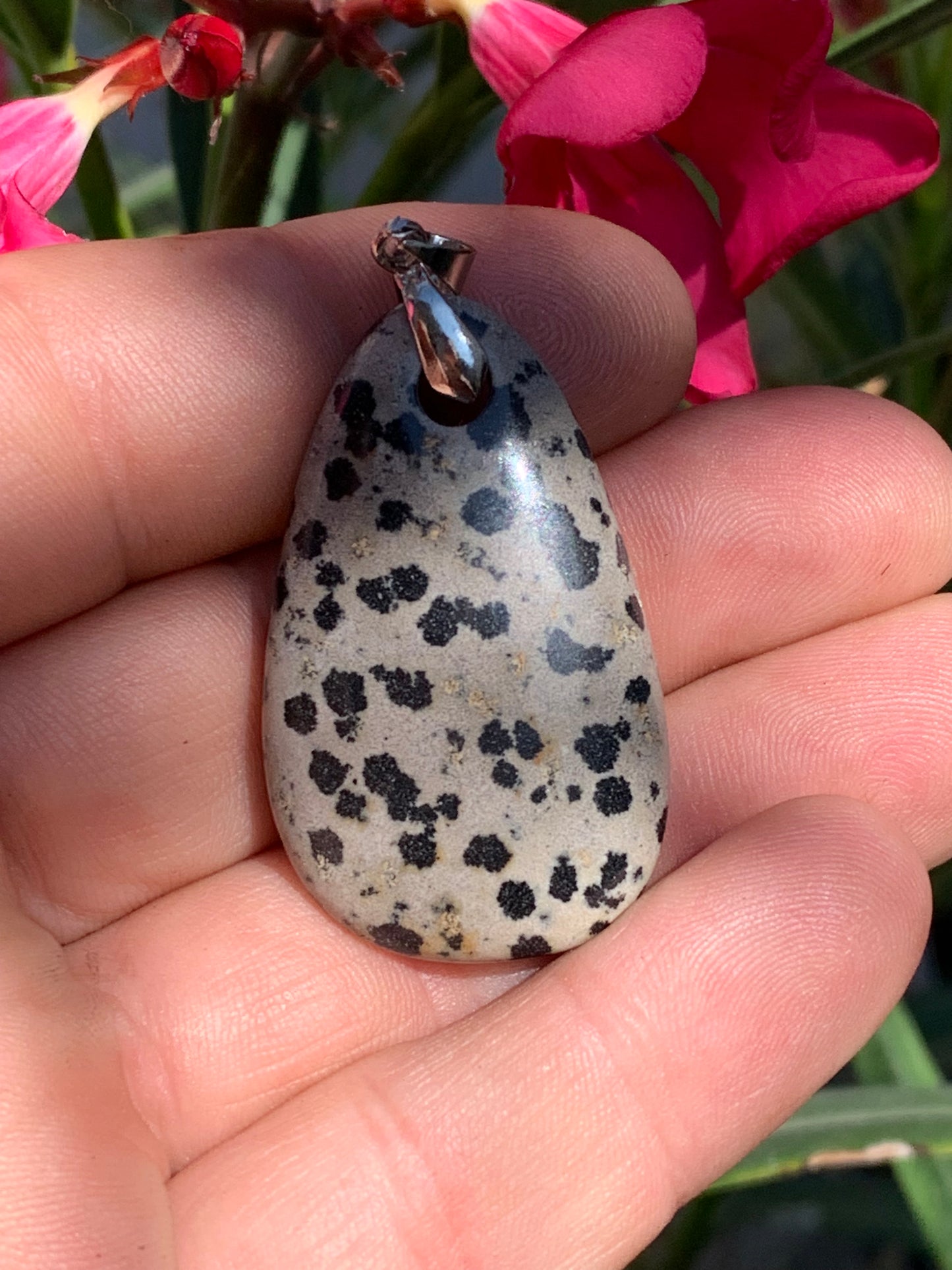 Jaspe Dalmatien, pendentif de 54mm de ht x26 x10. Vendu avec un cordon réglable de couleur noire !