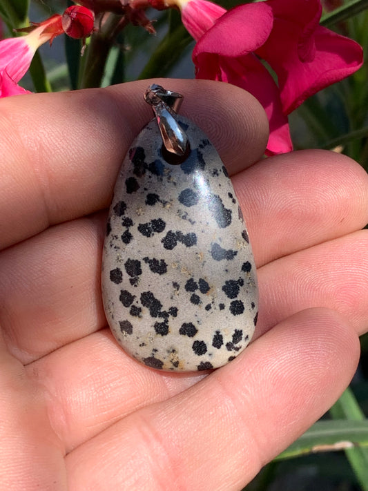 Jaspe Dalmatien, pendentif de 54mm de ht x26 x10. Vendu avec un cordon réglable de couleur noire !
