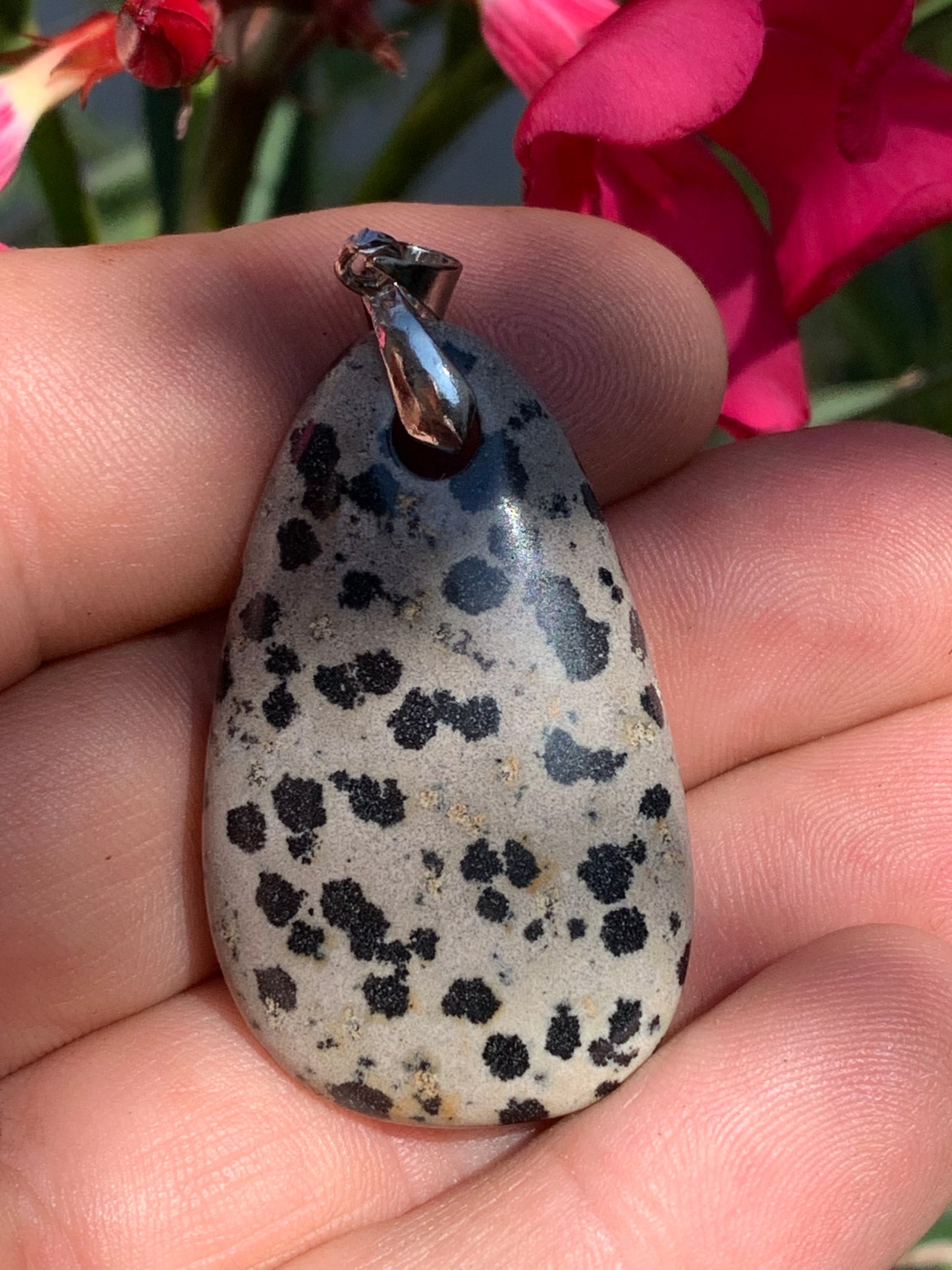 Jaspe Dalmatien, pendentif de 54mm de ht x26 x10. Vendu avec un cordon réglable de couleur noire !