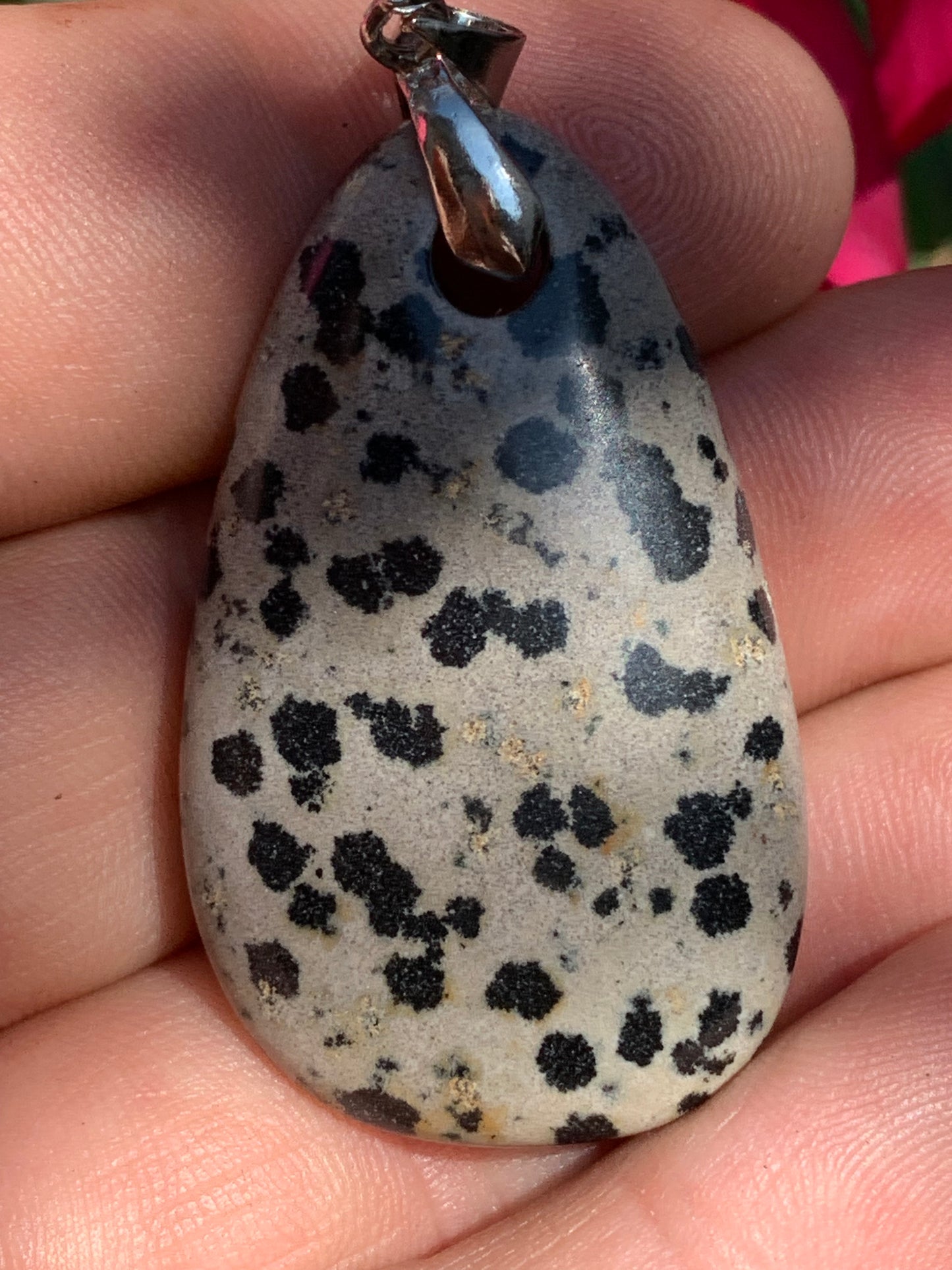 Jaspe Dalmatien, pendentif de 54mm de ht x26 x10. Vendu avec un cordon réglable de couleur noire !