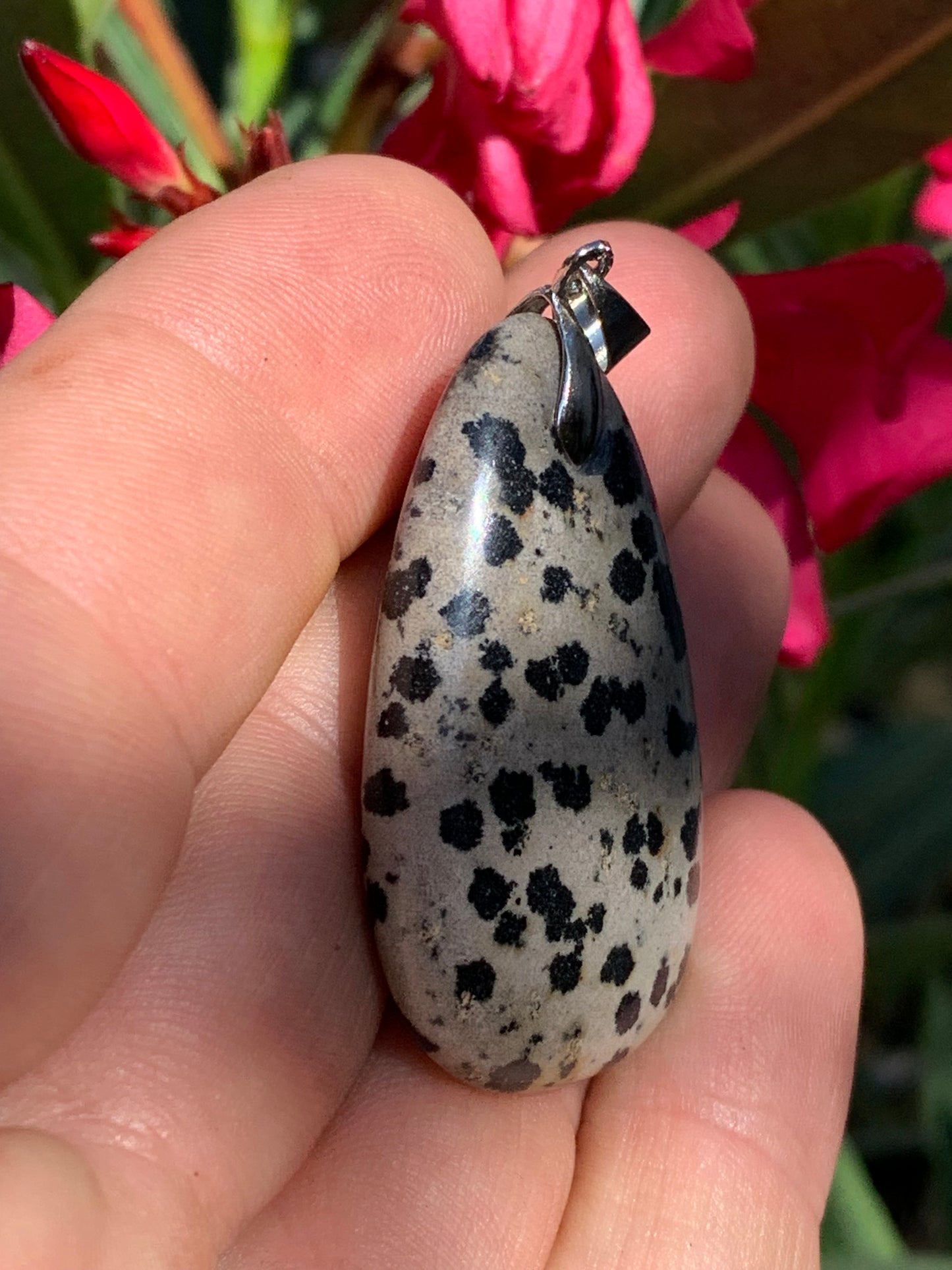 Jaspe Dalmatien, pendentif de 54mm de ht x26 x10. Vendu avec un cordon réglable de couleur noire !