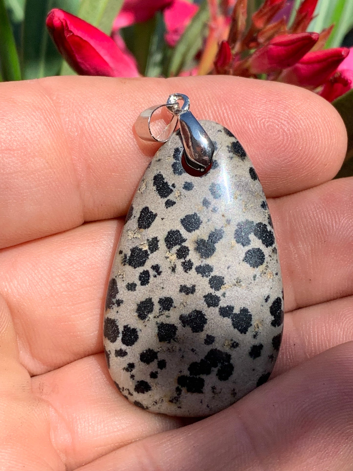Jaspe Dalmatien, pendentif de 54mm de ht x26 x10. Vendu avec un cordon réglable de couleur noire !